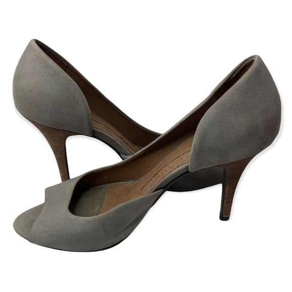 ELLUS Gray Suede Leather Peep Toe Stilleto D'Orsay Heels Size 8 Brown Heel a32 - Picture 6 of 8